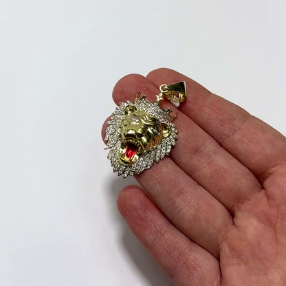 1.15CTW Natural Diamond 10K Yellow Gold Lion Face Red Mouth Head Pendant 1.9"