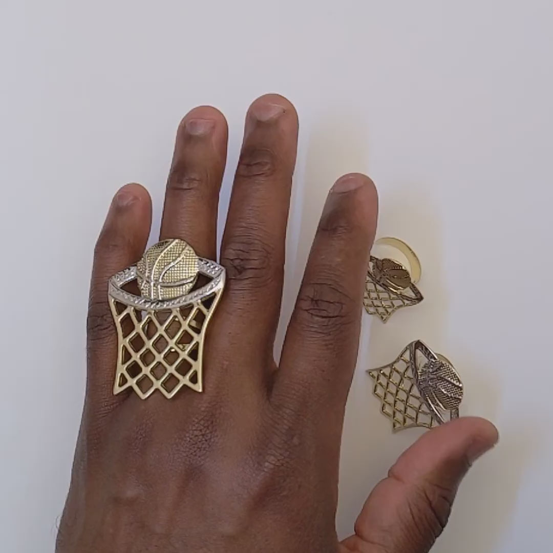 10K Gold Two-Tone Yellow White Diamond-Cut Basketball Hoop Signet Ring — product video