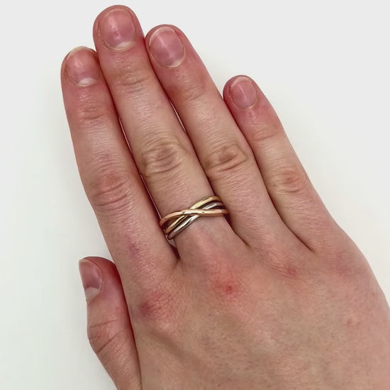 14K Gold Tri-Color Yellow White Rose Crossover Trinity Stackable Ring — product video