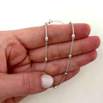 Sterling Silver Oval Moon Station Ankle Bracelet (Solid Links) 9"-10" Adjustable