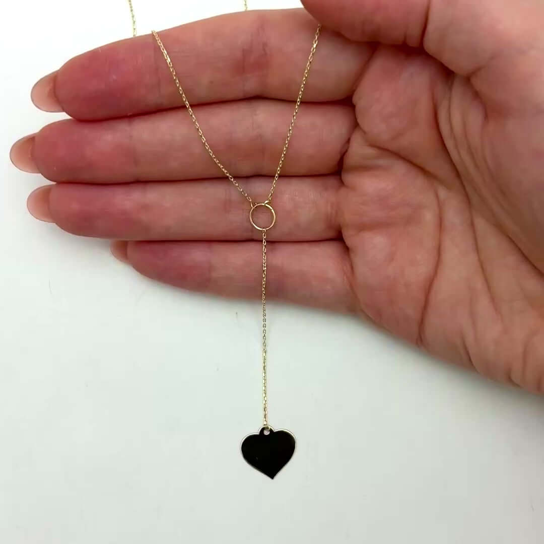 10K Gold Heart Lariat Necklace (Solid Links) 16