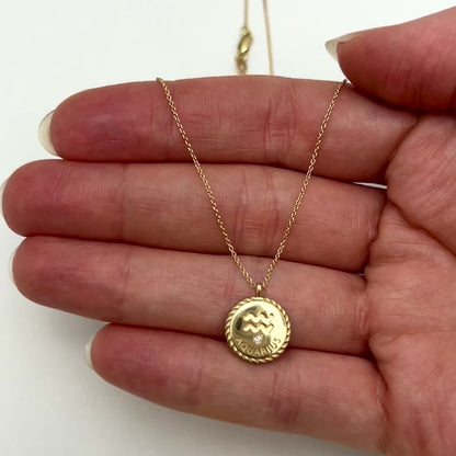 .01Ct Real Diamond 14K Gold Zodiac Sign Medallion Pendant Necklace 16"-18"
