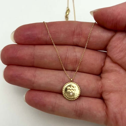 .01Ct Natural Diamond 14K Gold Zodiac Sign Medallion Adjustable 16"-18" Necklace