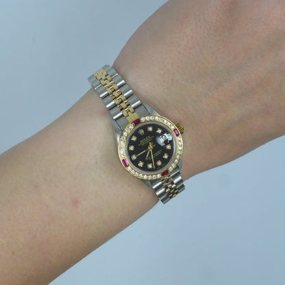 Rolex Datejust 69173 26mm Ruby Diamond Gold Black Dial Steel Women's Watch