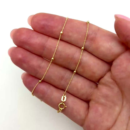 14K Yellow Gold Diamond-Cut Chain Bead Stations Ankle Bracelet (Solid Links) 9"-10" Adjustable