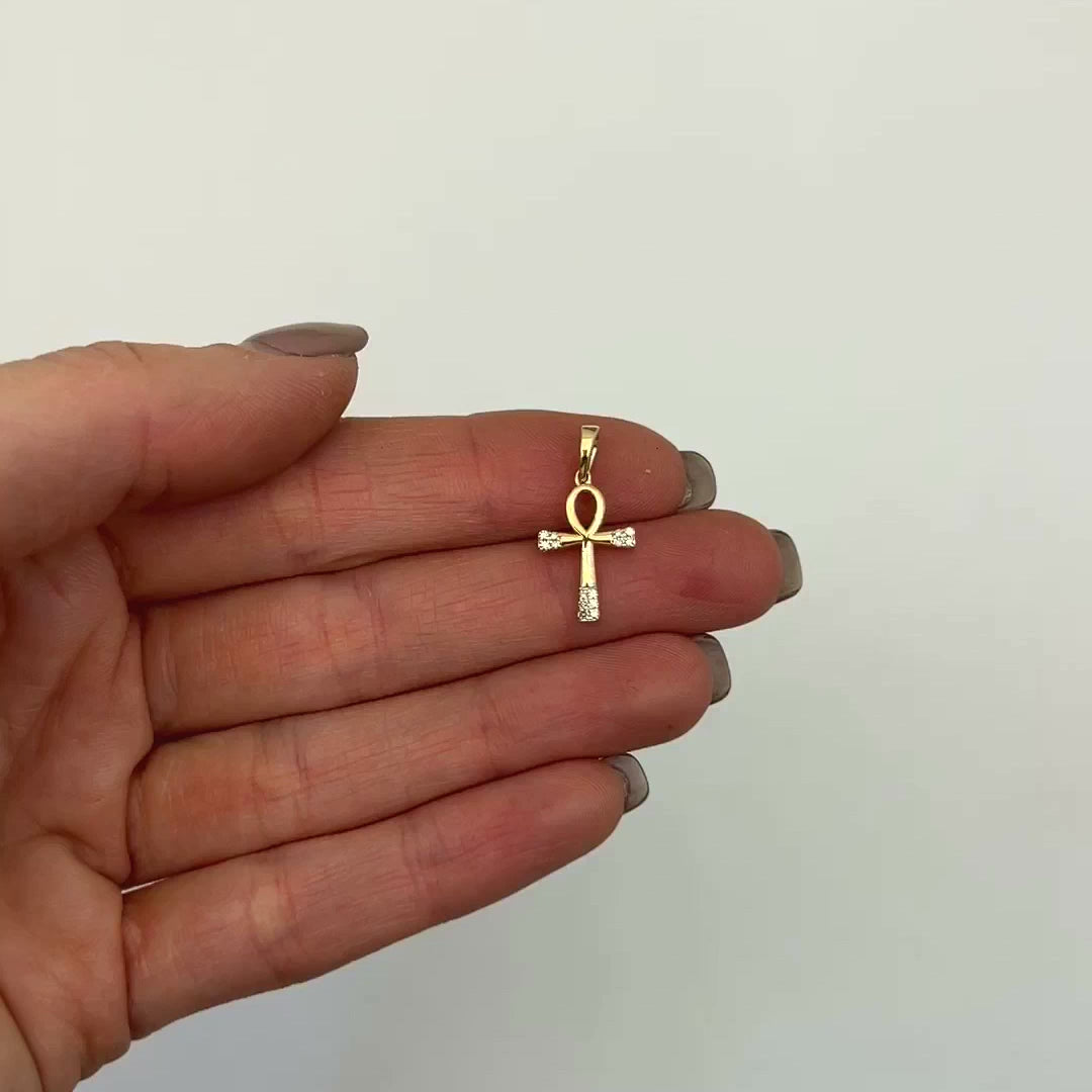 .05CTW Natural Diamond 10K Gold Yellow White Rose Ankh Cross Pendant