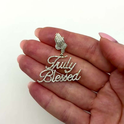 1CTW Real Diamond 10K Yellow Gold Praying Hands Truly Blessed Pendant 1.5"