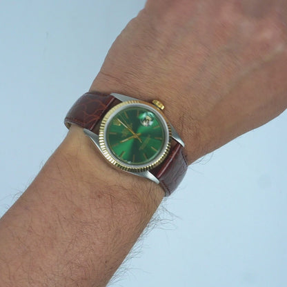36mm Rolex Datejust 16233 Green Dial 18K Gold Fluted Bezel Steel Men's Watch