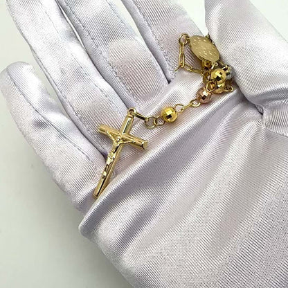 10k Tri-Tone Gold Rosary Cross 6mm Beaded Necklace 26"