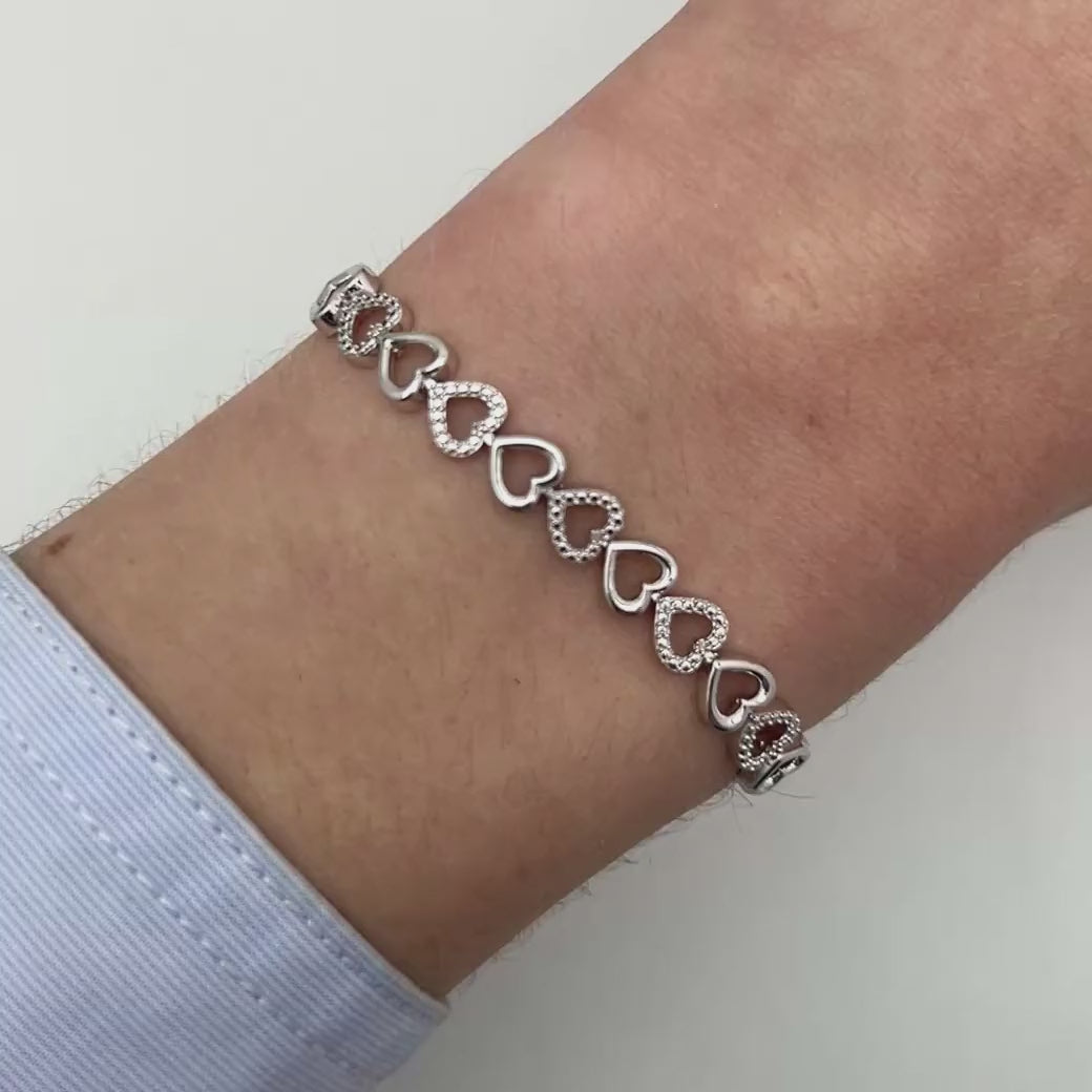 0.05CTW Natural Diamond Sterling Silver Hearts Alternating Links Bracelet (Solid Links) 7" — product video