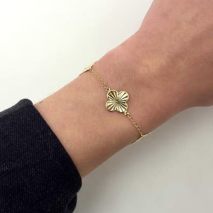 Real 14K Gold Textured Adjustable Clover Bracelet 6.5"-7.25"