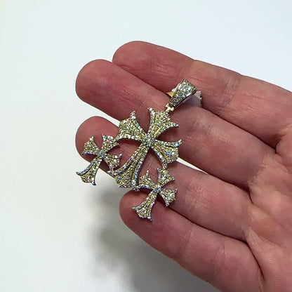 1.50CTW Natural Diamond 10K Yellow Gold Triple Cross Pendant 1.8"