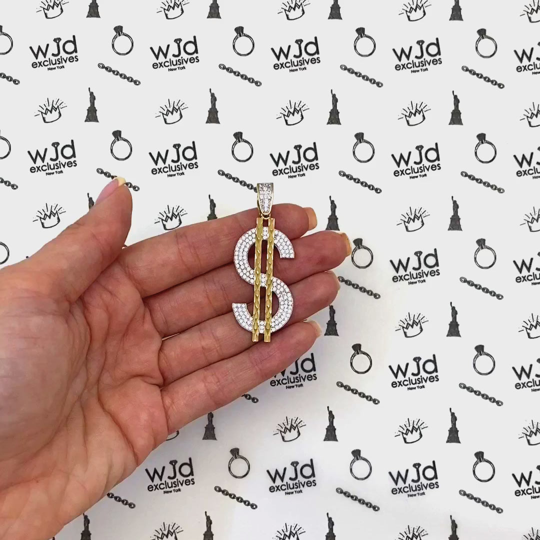 10K Yellow Gold CZ Dollar Sign Diamond-Cut Pendant 1.97" — product video