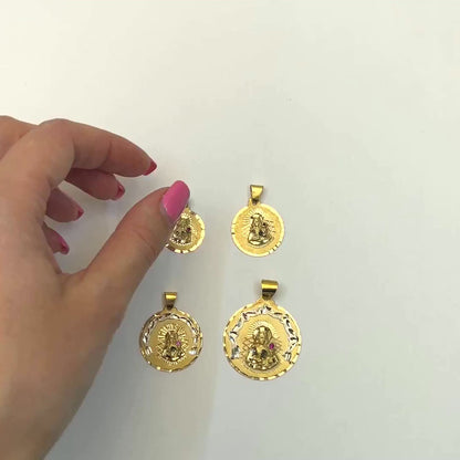 14K Yellow Gold Religious Saint Barbara Ruby Round Medallion Pendant 1"-1.7"