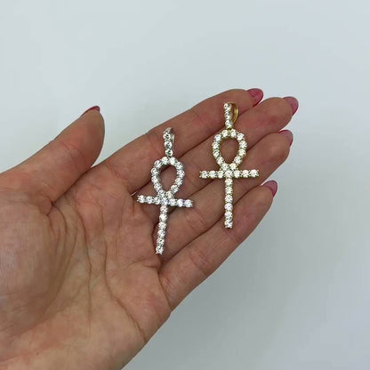 18K Gold Yellow White Over Silver CZ Ankh Cross Pendant 2"