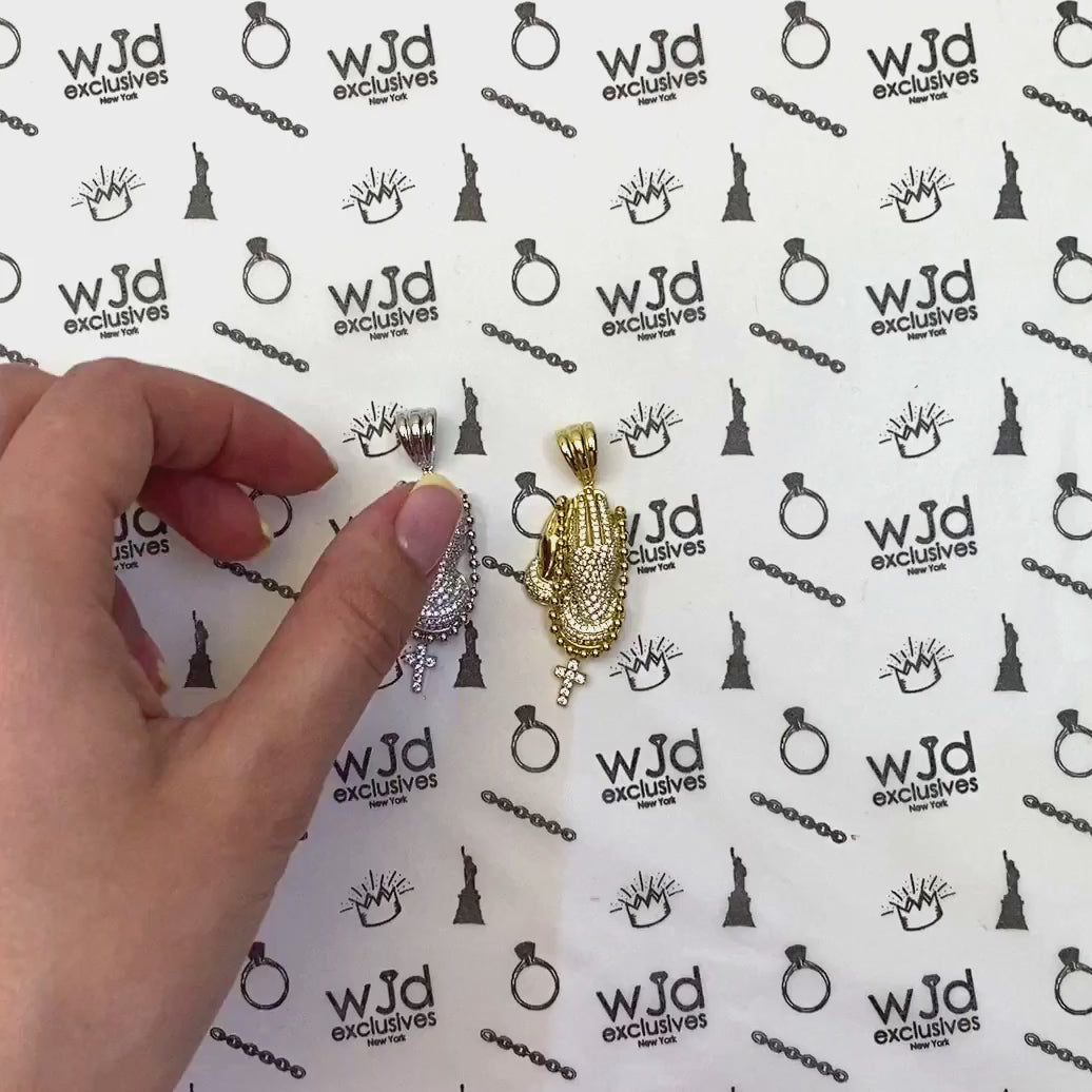 14K Gold Over Sterling Silver CZ Praying Hand Cross Pendant 1.57" — product video