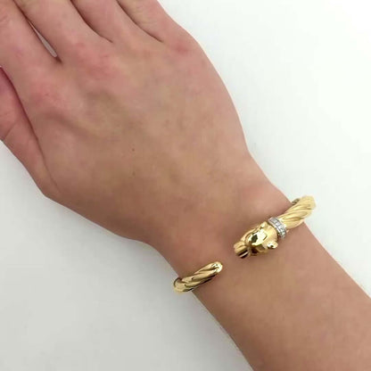 0.10CTW Natural Diamond 14K Yellow Gold Panther Cuff Bangle Bracelet (Hollow) 6.5"