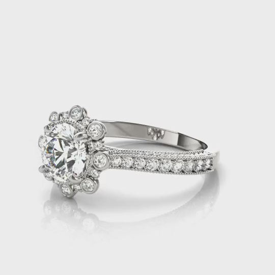 1.45CTW Lab-Grown Diamond 18K Gold White Starburst Floral Halo Engagement Ring — product video
