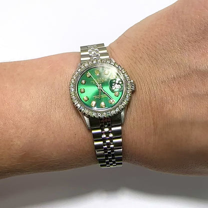 Rolex Datejust 26mm Pave Jubilee Band Diamond Bezel Green Emerald Dial Watch