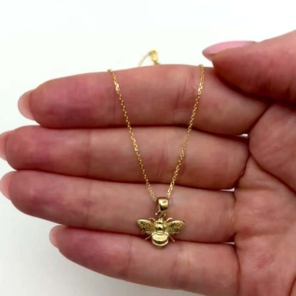 14K Real Gold Bumblebee Pendant Cable Chain Necklace 16"-18" Adjustable