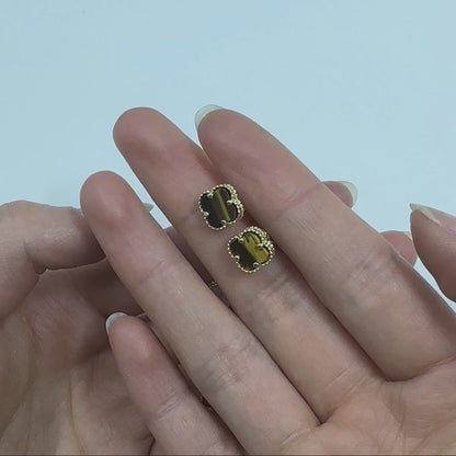 14K Yellow Gold Clover Gemstone Stud Earrings Bezel Set