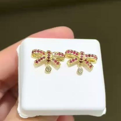 0.38CTW Real Diamond & Natural Ruby Emerald 14K Real Gold Bow Stud Earrings 11mm