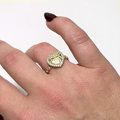 10K Yellow Gold Textured Heart 0.50CTW CZ Halo Stackable Ring