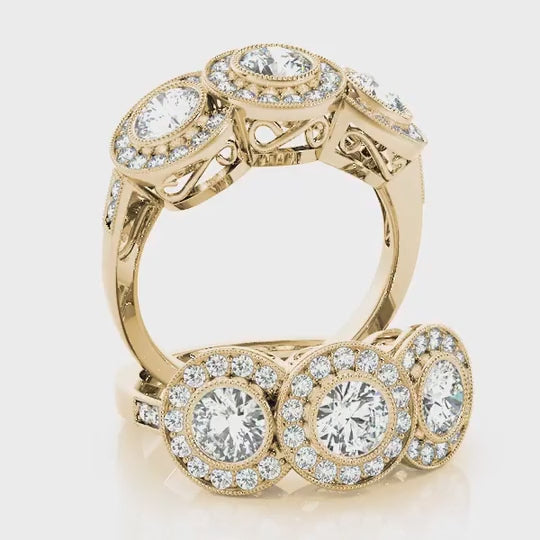 1.90CTW Lab-Grown Diamond 14K Gold Round Halo Present Past Future Ring — product video