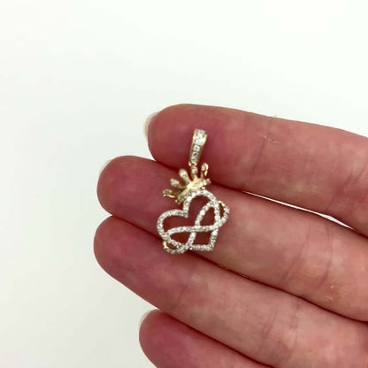 0.37CTW Real Diamond 10K Gold Yellow White Infinity Heart Crown Pendant 1"