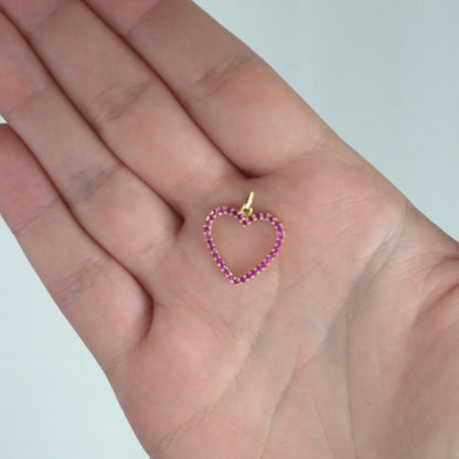 14K Yellow Gold White Gold Ruby Birthstone Open Heart Pendant 0.8"