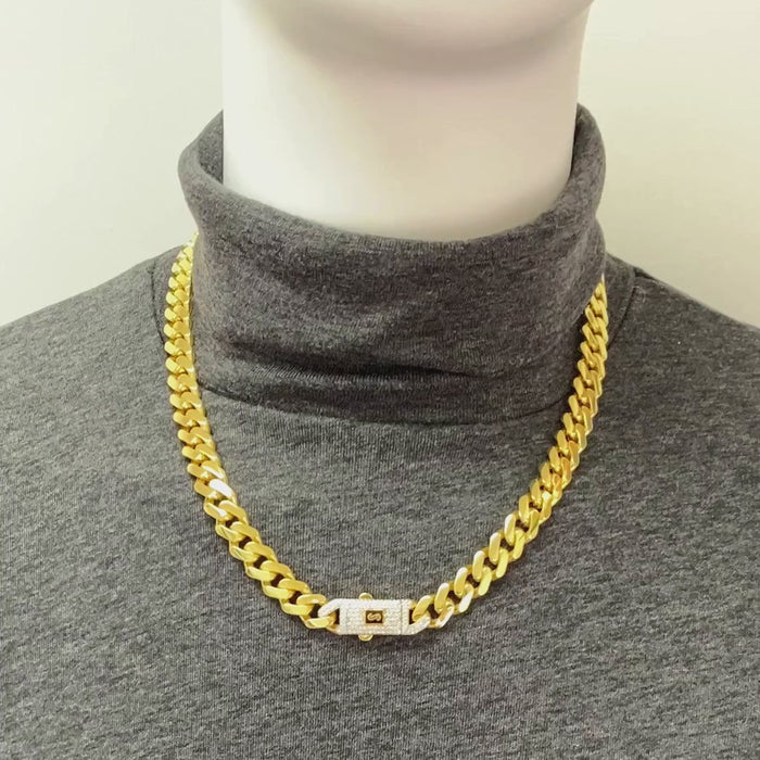 14K Gold Classic Plain with Swarovski Lock 11.5mm Miami Monaco Chain (Hollow) 16"-24" — product video
