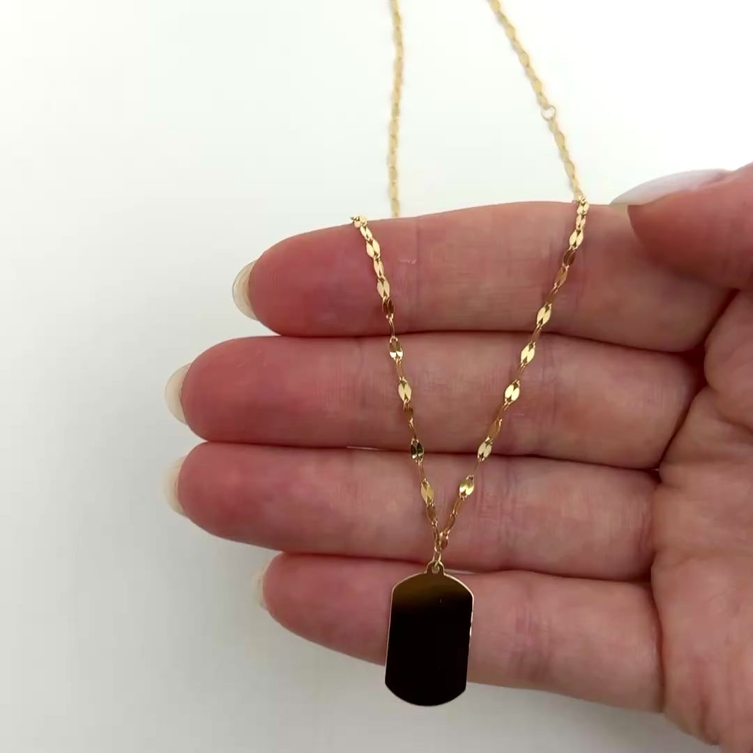 Engravable 14K Gold Dog Tag Pendant 1.2mm Mirror Chain 16"-18" Adjustable