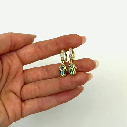 14K Gold Evil Eye Hamsa CZ Huggie Hoop Earrings 27mm — product video