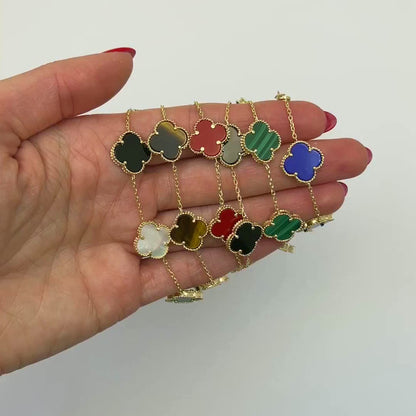 14K Yellow Gold Natural Gemstone Clover Adjustable Bracelet 7–7.5"