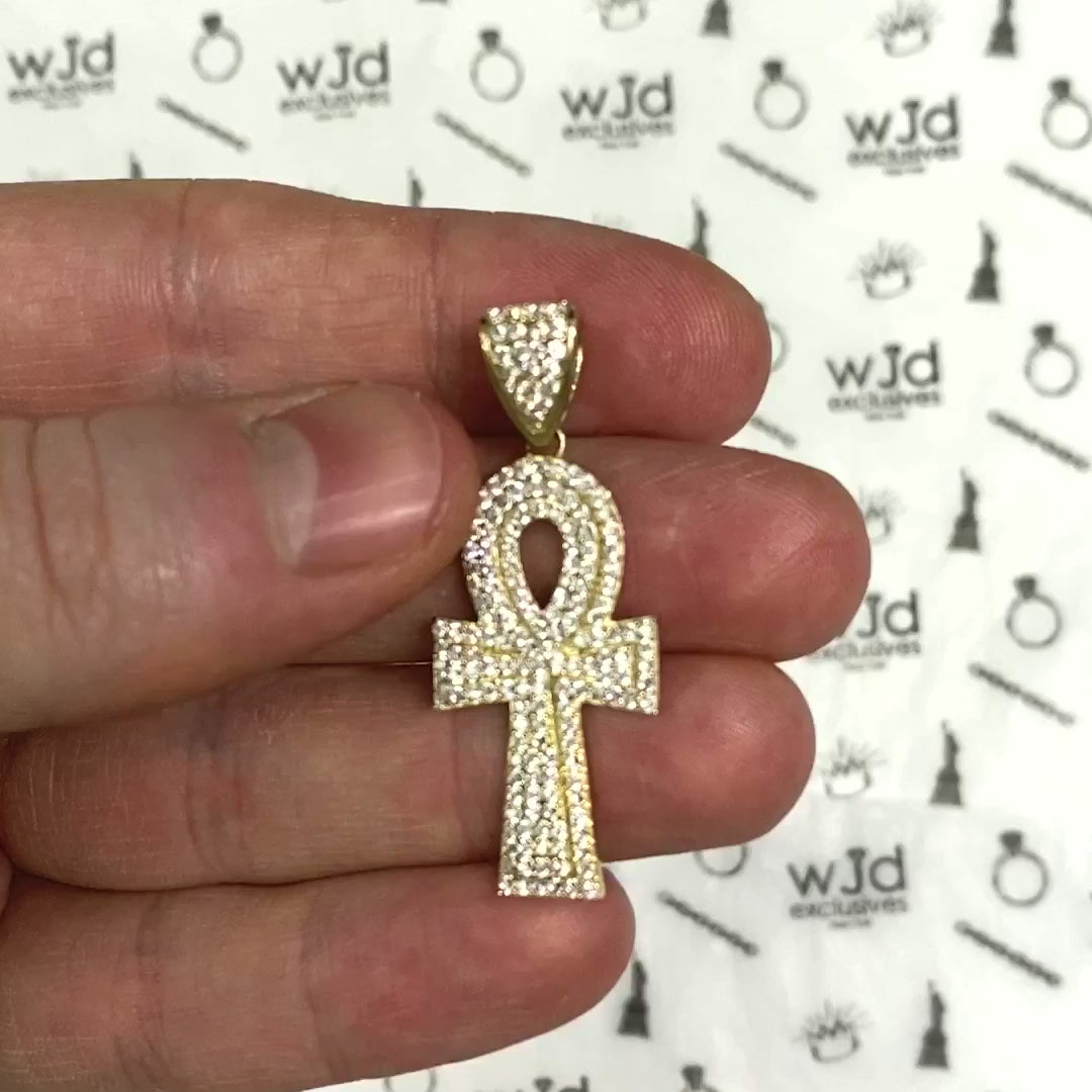 10K Gold 6CTW CZ Encrusted Ankh Cross Egyptian Pendant 1.7" — product video