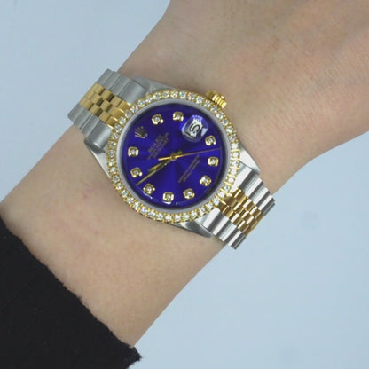 36mm Rolex Datejust 1601 Jubilee Deep Blue Dial 3.30Ct Diamond Bezel Watch