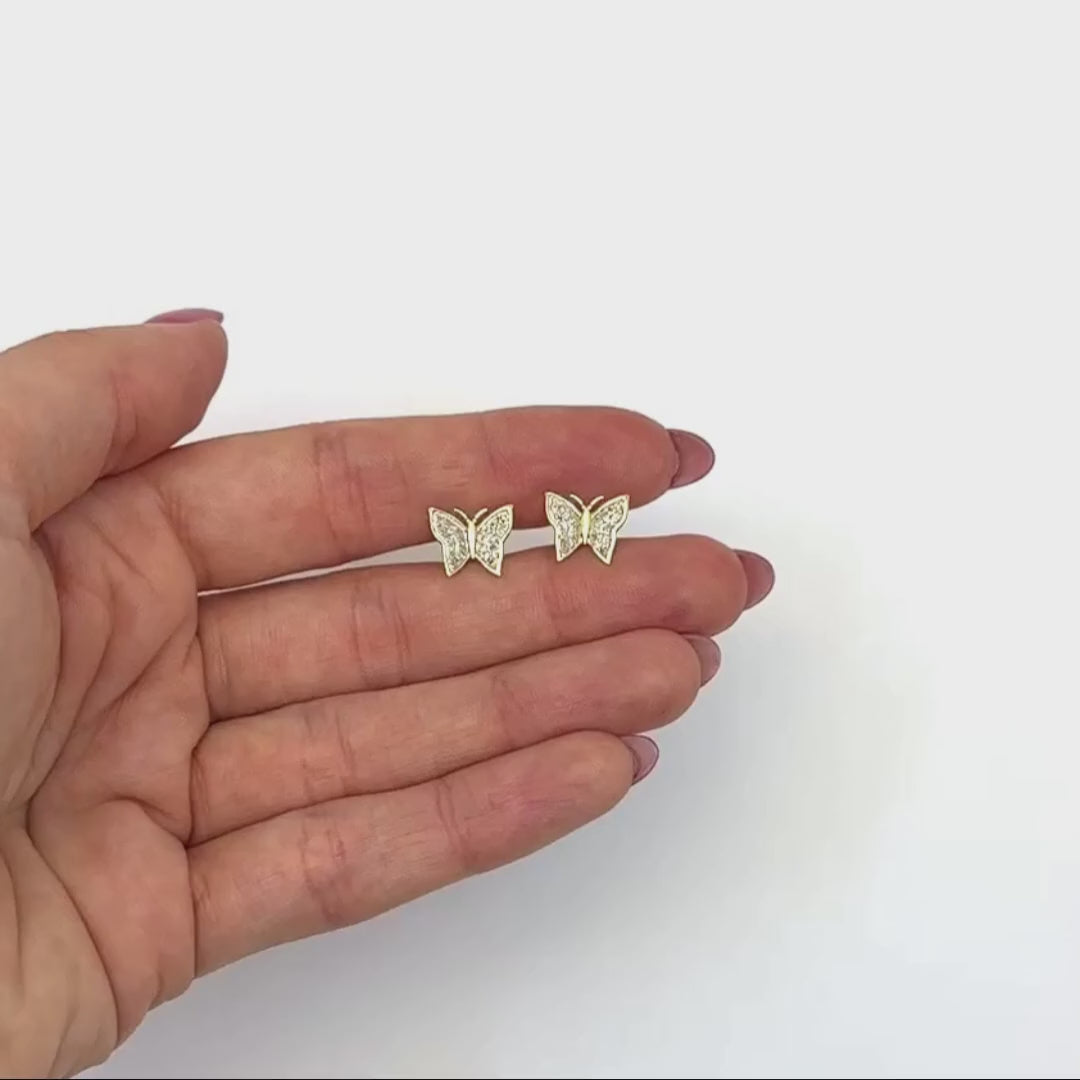 0.12CTW Natural Diamond 10K Gold Yellow White Butterfly Stud Earrings 9mm — product video