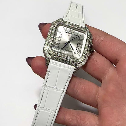 NEW 5TCW Natural Diamond Cartier Santos Large 40mm Pave Roman White Dial Watch