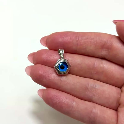 14K White Gold Blue Evil Eye Octagon Pendant 0.7"