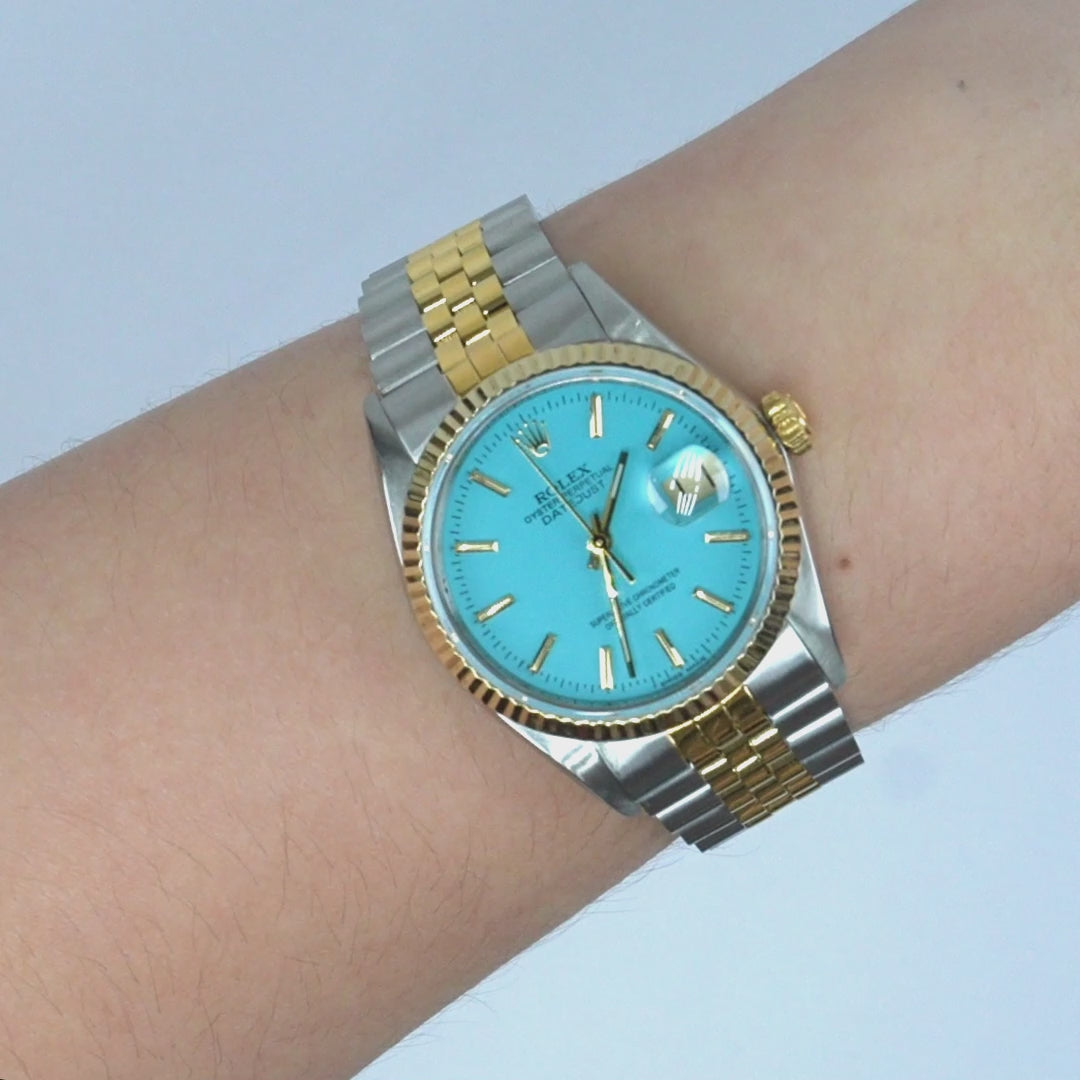 Rolex Datejust 16013 36mm Light Blue Dial 18K Gold Fluted Bezel Jubilee Watch