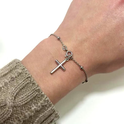 Sterling Silver 3mm Beaded Cable Link Cross Bracelet 8"