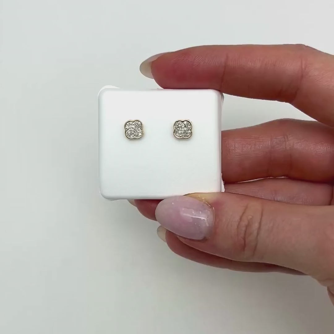 0.16CTW Natural Diamond 10K Gold Yellow White Clover Stud Screw Back Earrings — product video