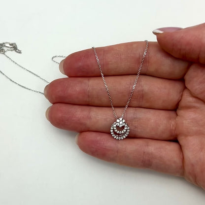 .25CTW Natural Diamond Double Circle Cluster 18K White Gold Pendant .47" & Chain