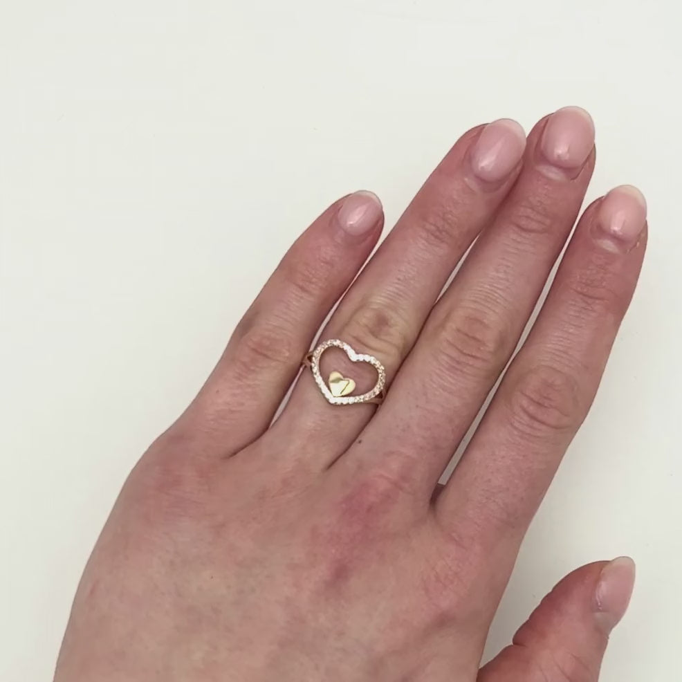 0.20CTW CZ 14K Yellow Gold Heart in Heart Halo Cocktail Ring — product video