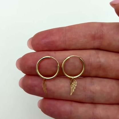 14K Gold Angel Wing  Huggie Hoop Earrings 29mm