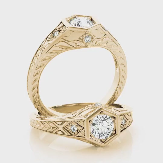 1.05CTW Natural Diamond & Moissanite 18K Gold Yellow Hexagon Engagement Ring — product video