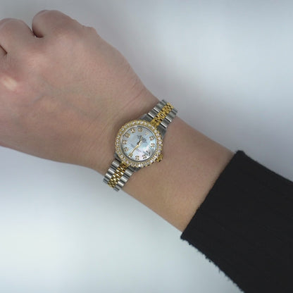 Rolex Datejust 69173 1.10TCW Diamond Bezel Jubilee Band White Pearl Dial 26mm Woman's Watch