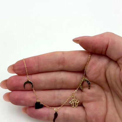 14K Gold Horseshoe Hamsa Horn Heart Moon Charms Necklace 16"-18" Adjust.
