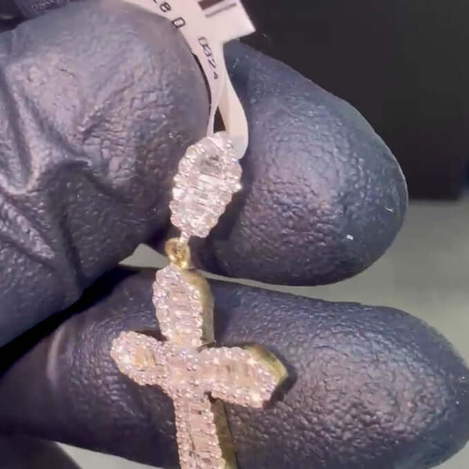Real 10K Gold 0.50CTW Natural Diamond Baguette Cross Pendant 1.2"