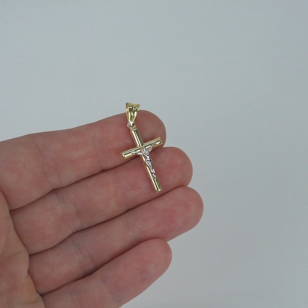 10K Gold-Filled Two-Tone Yellow White Jesus Crucifix Cross Pendant 1.2"
